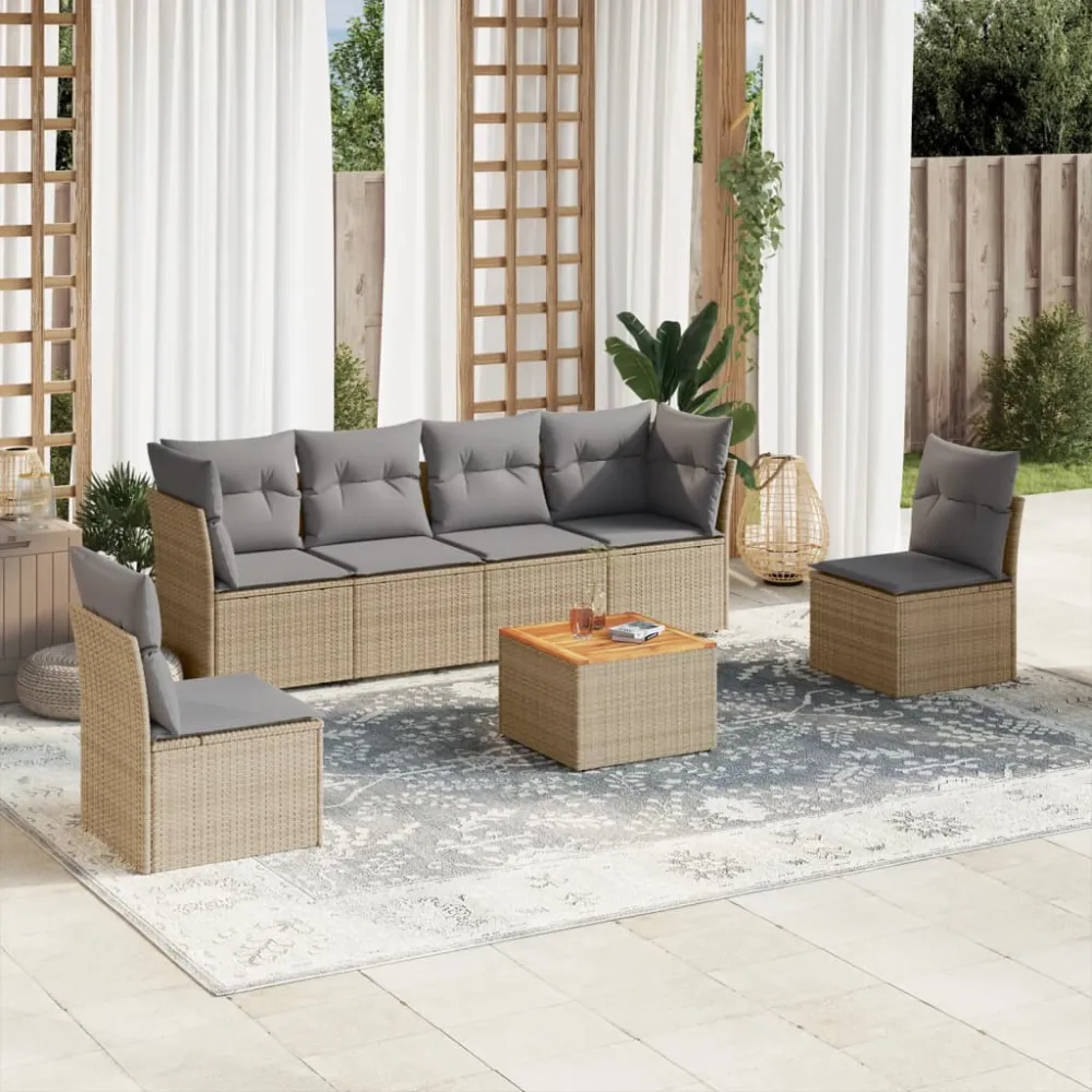 7-delige Loungeset met kussens poly rattan beige vidaXL