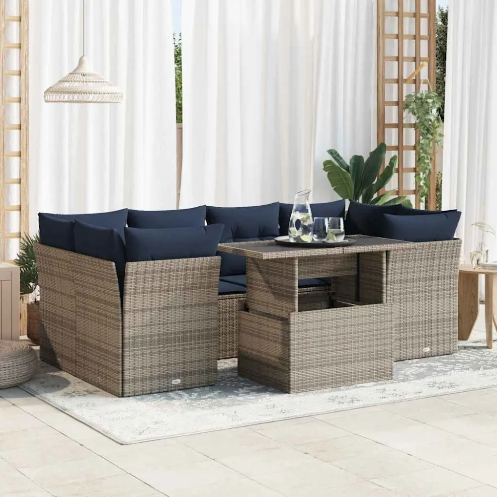 7-delige Loungeset met kussens poly rattan acacia grijs vidaXL