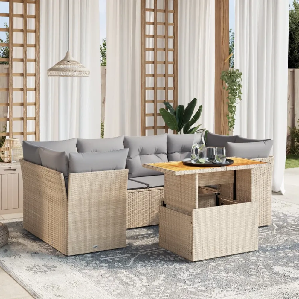 7-delige Loungeset met kussens poly rattan beige vidaXL