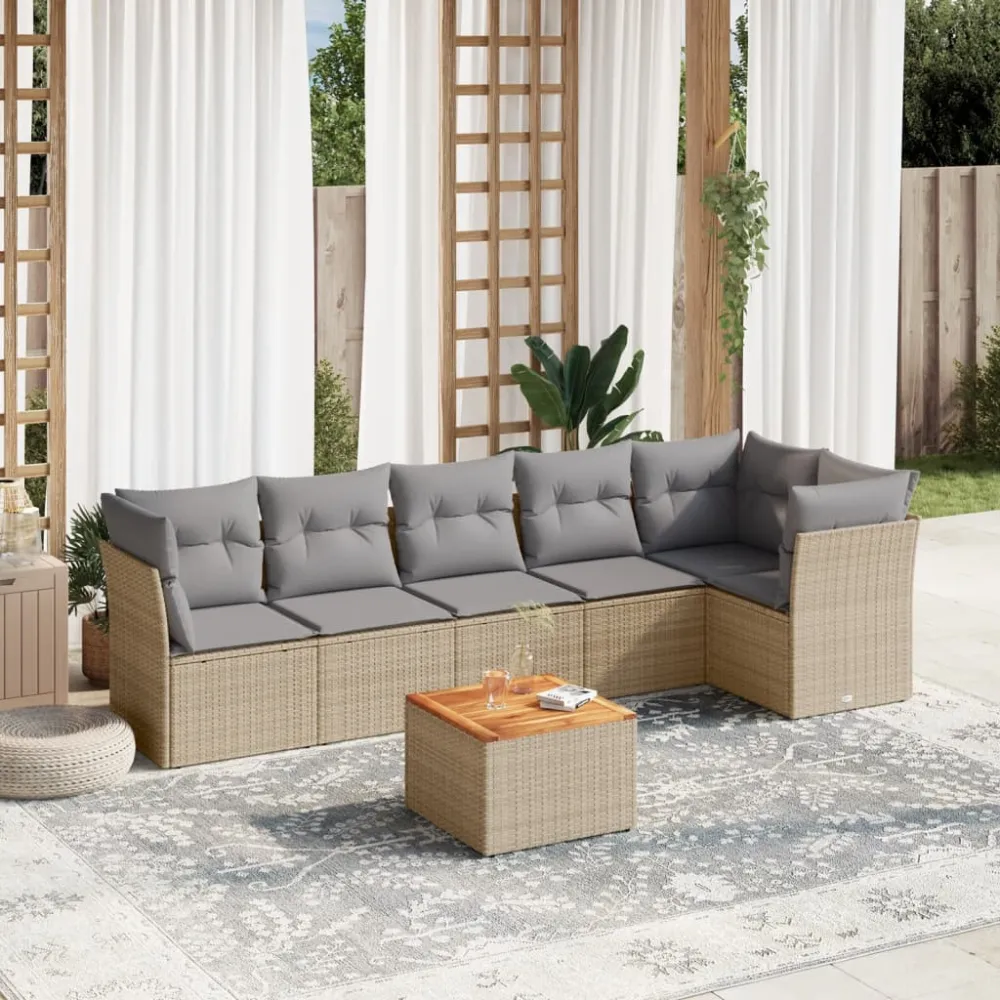 7-delige Loungeset met kussens poly rattan beige vidaXL