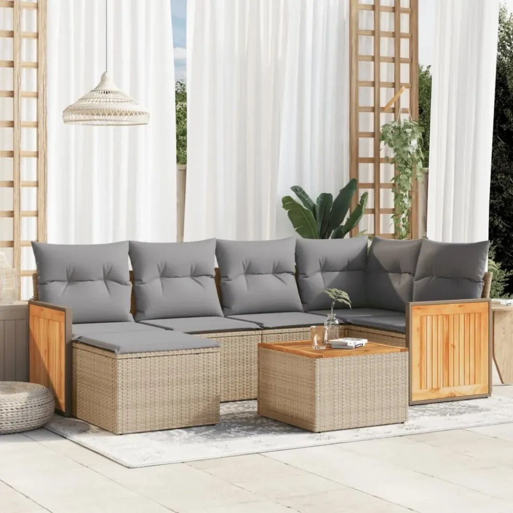 7-delige Loungeset met kussens poly rattan beige vidaXL