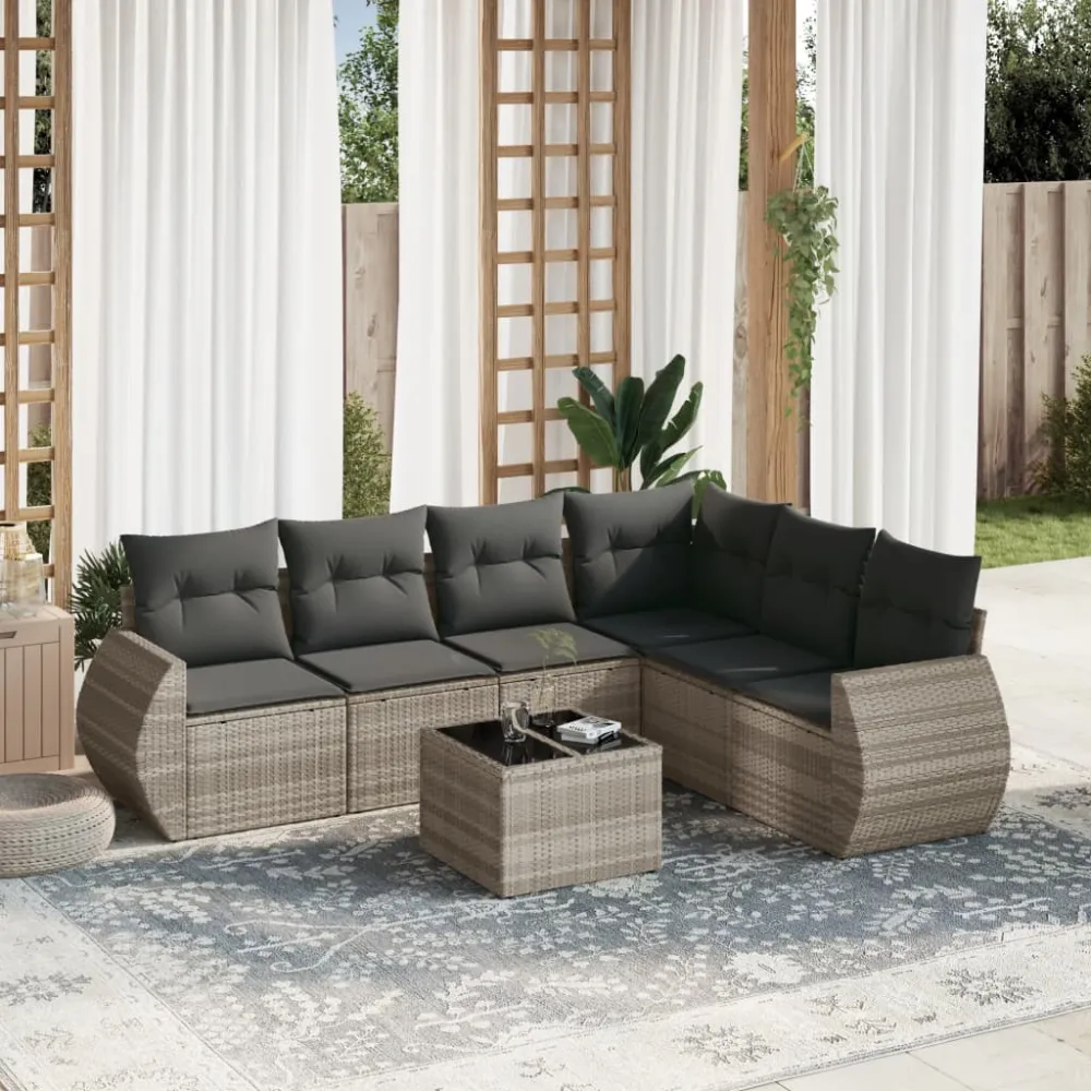 7-delige Loungeset met kussens poly rattan lichtgrijs vidaXL