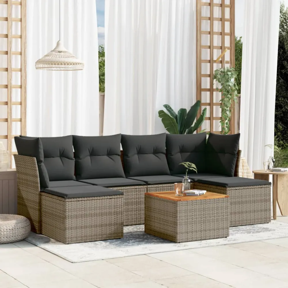 7-delige Loungeset met kussens poly rattan grijs vidaXL