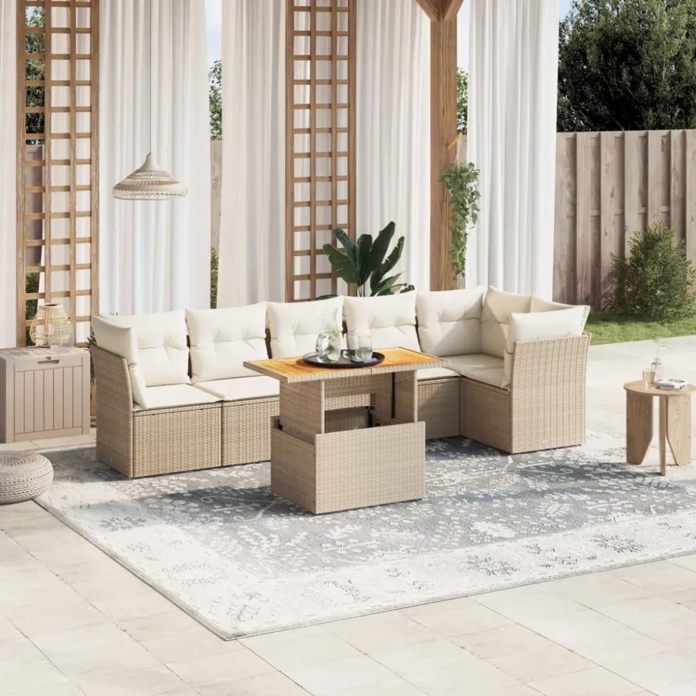 7-delige Loungeset met kussens poly rattan beige vidaXL