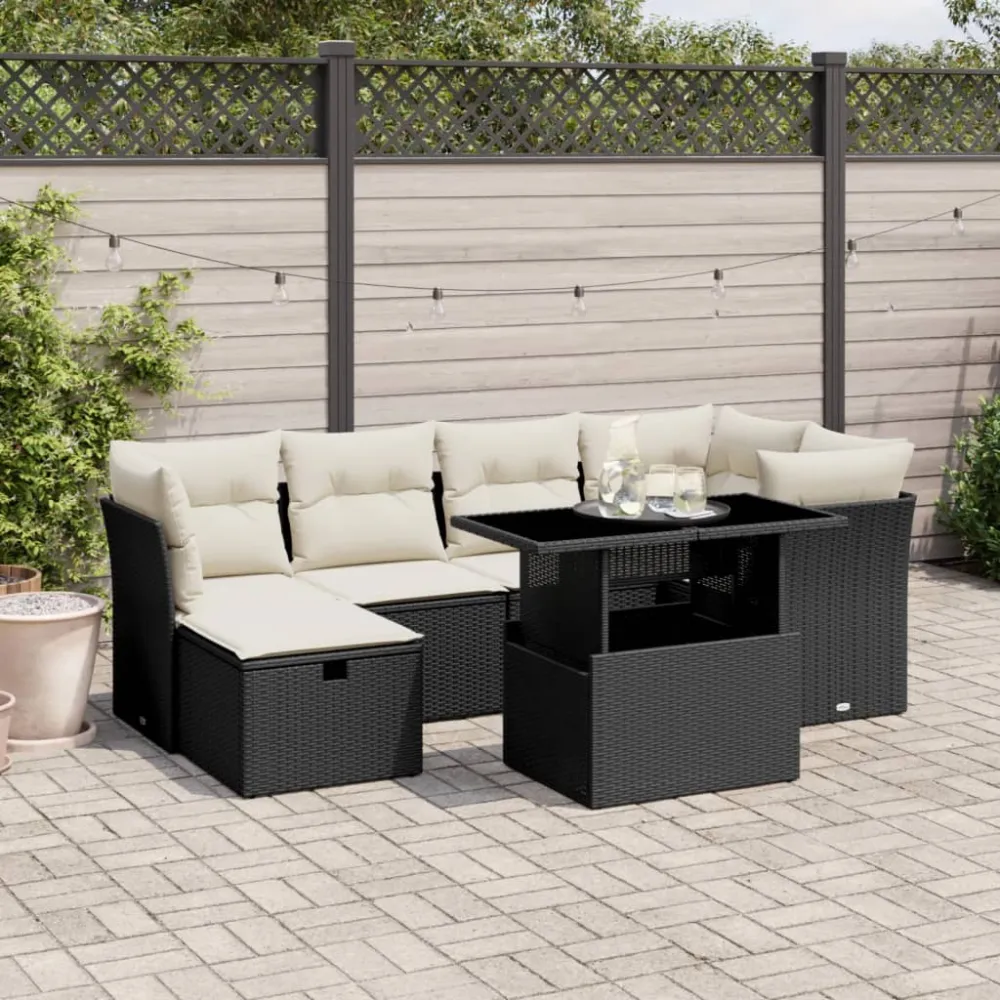 7-delige Loungeset met kussens poly rattan zwart vidaXL