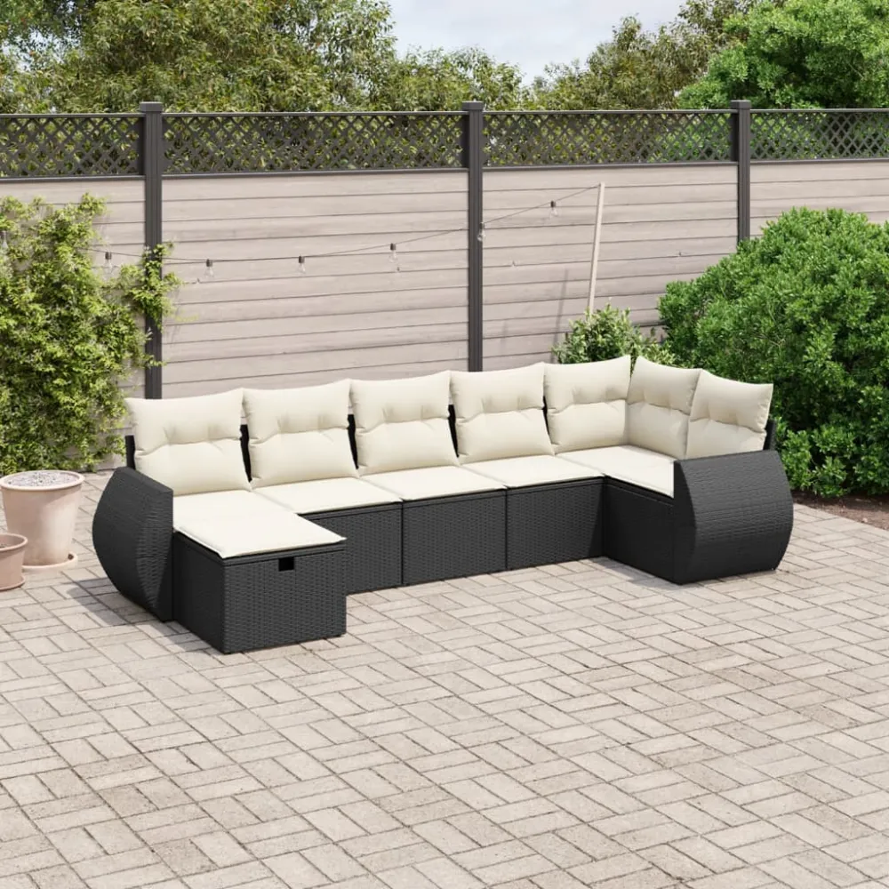 7-delige Loungeset met kussens poly rattan zwart vidaXL
