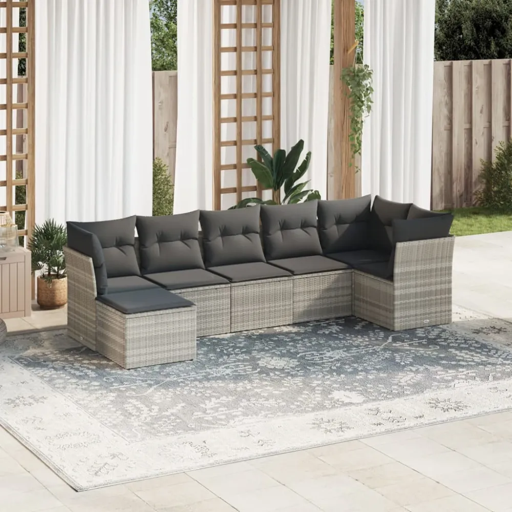 7-delige Loungeset met kussens poly rattan lichtgrijs vidaXL