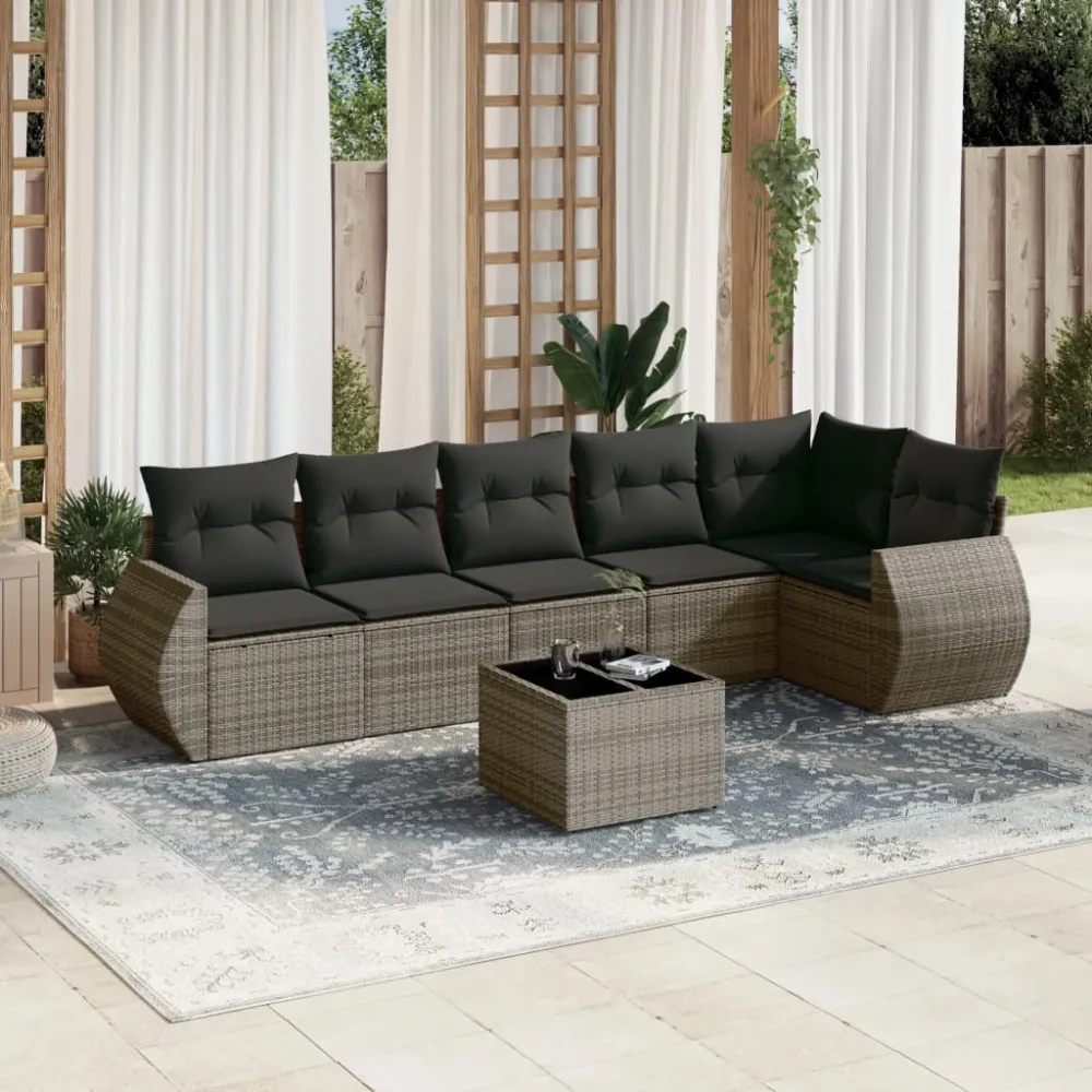 7-delige Loungeset met kussens poly rattan grijs vidaXL