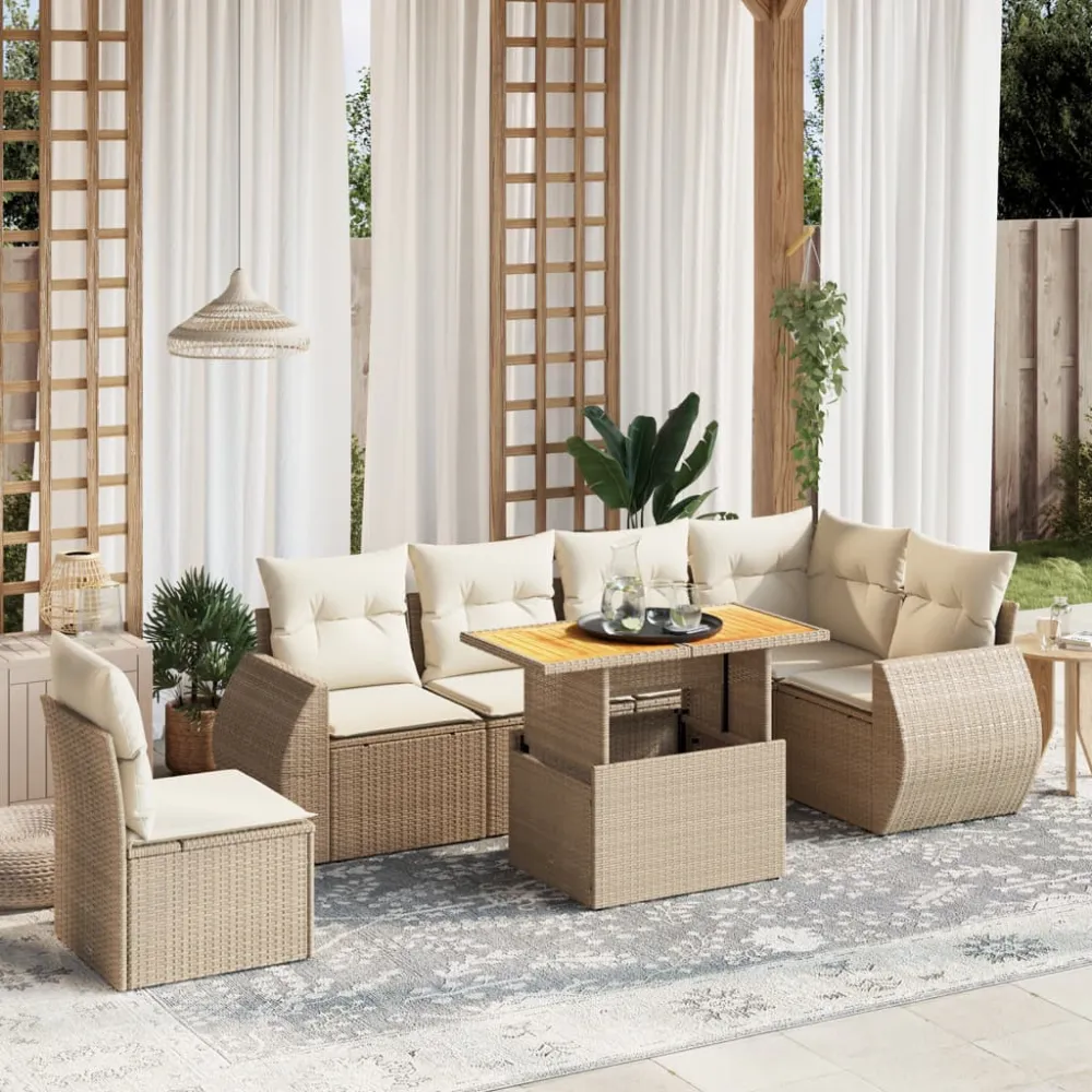 7-delige Loungeset met kussens poly rattan beige vidaXL