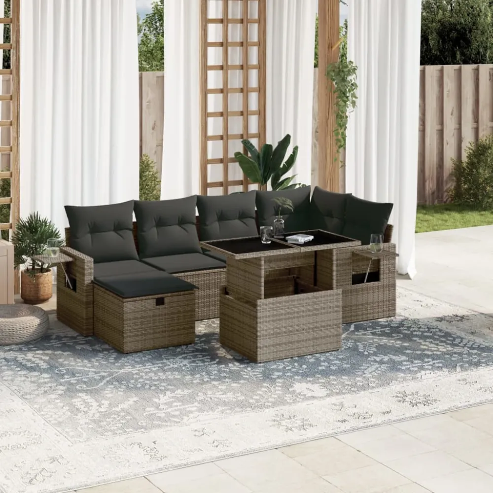 7-delige Loungeset met kussens poly rattan grijs vidaXL