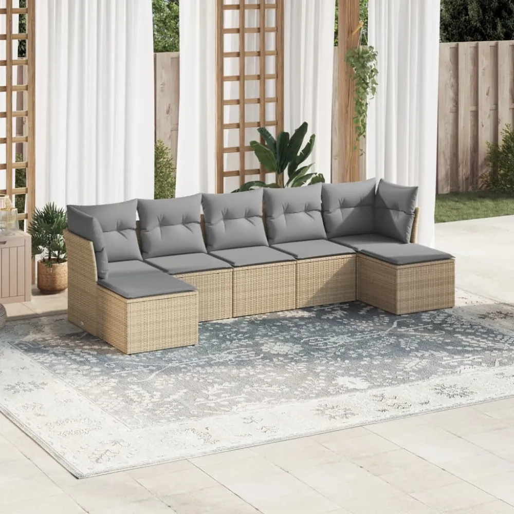 7-delige Loungeset met kussens poly rattan beige vidaXL