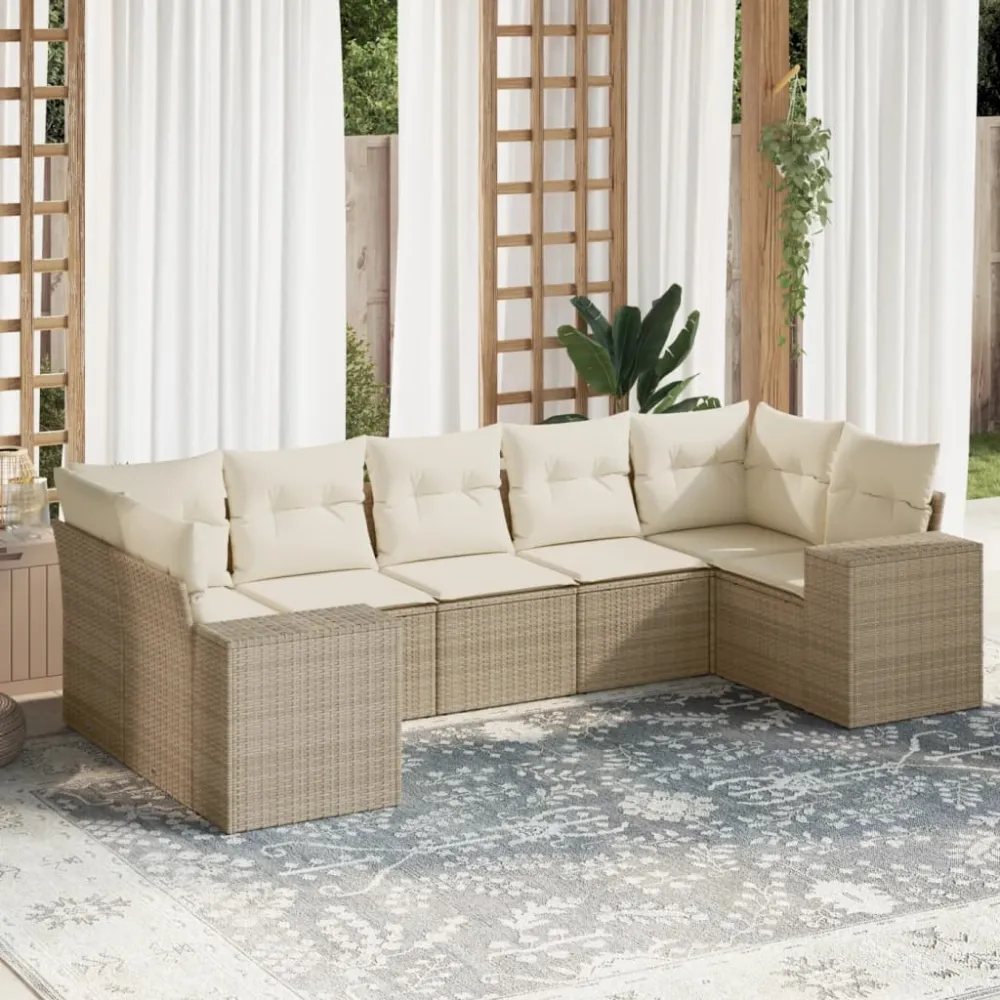 7-delige Loungeset met kussens poly rattan beige vidaXL