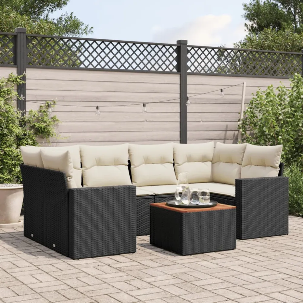 7-delige Loungeset met kussens poly rattan zwart vidaXL