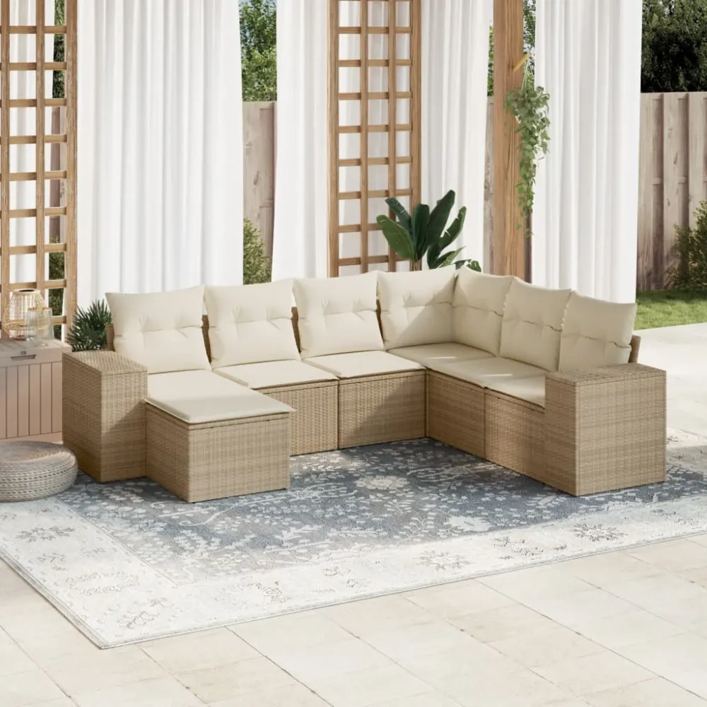 7-delige Loungeset met kussens poly rattan beige vidaXL