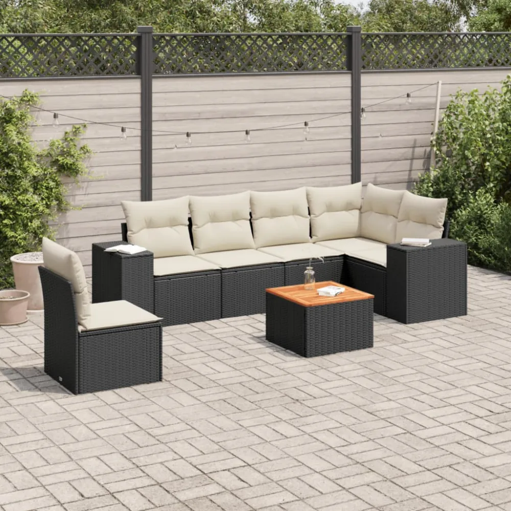 7-delige Loungeset met kussens poly rattan zwart vidaXL