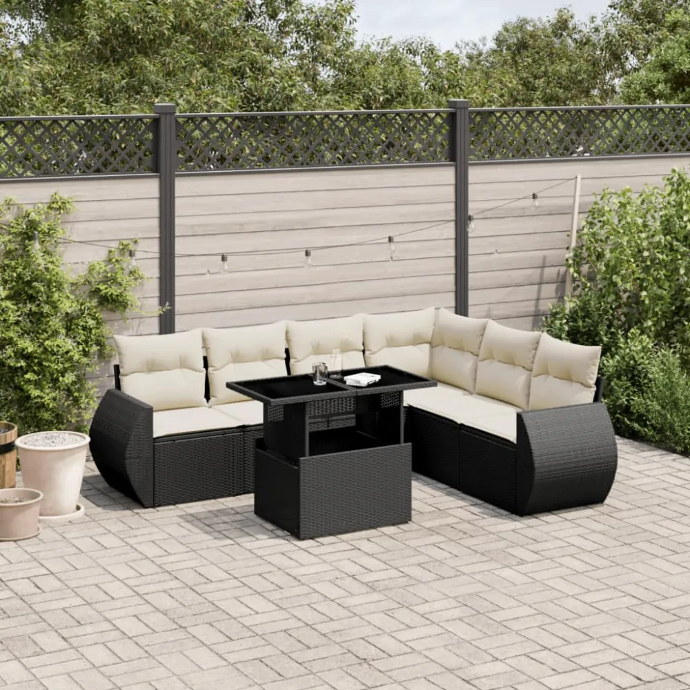 7-delige Loungeset met kussens poly rattan zwart vidaXL