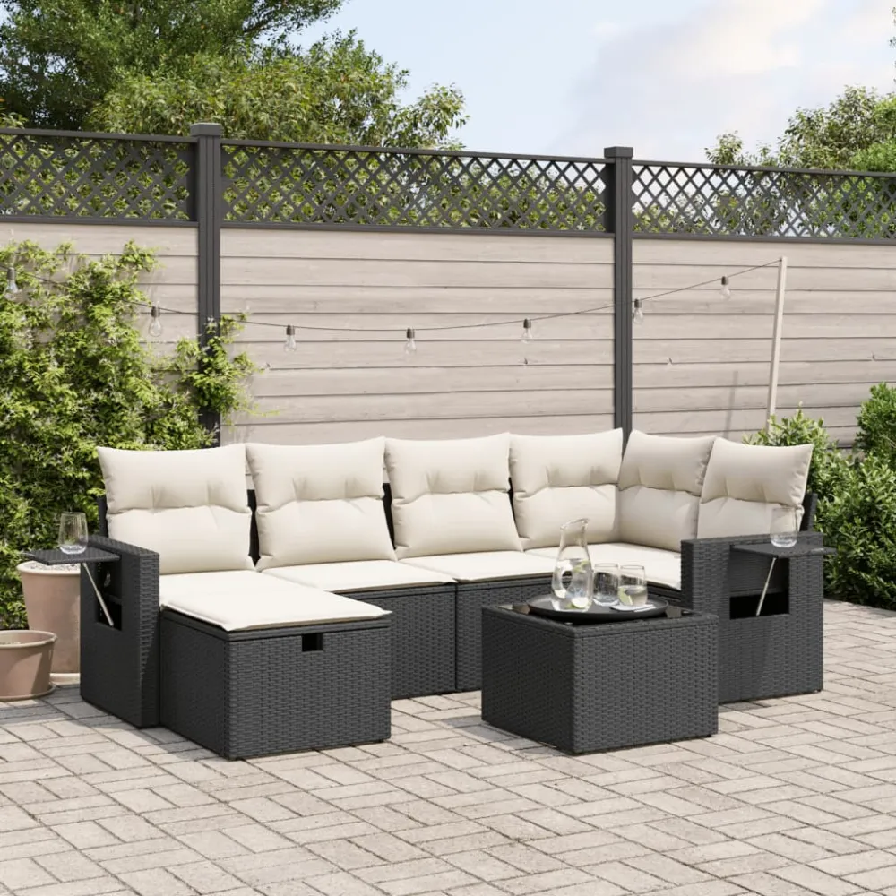 7-delige Loungeset met kussens poly rattan zwart vidaXL