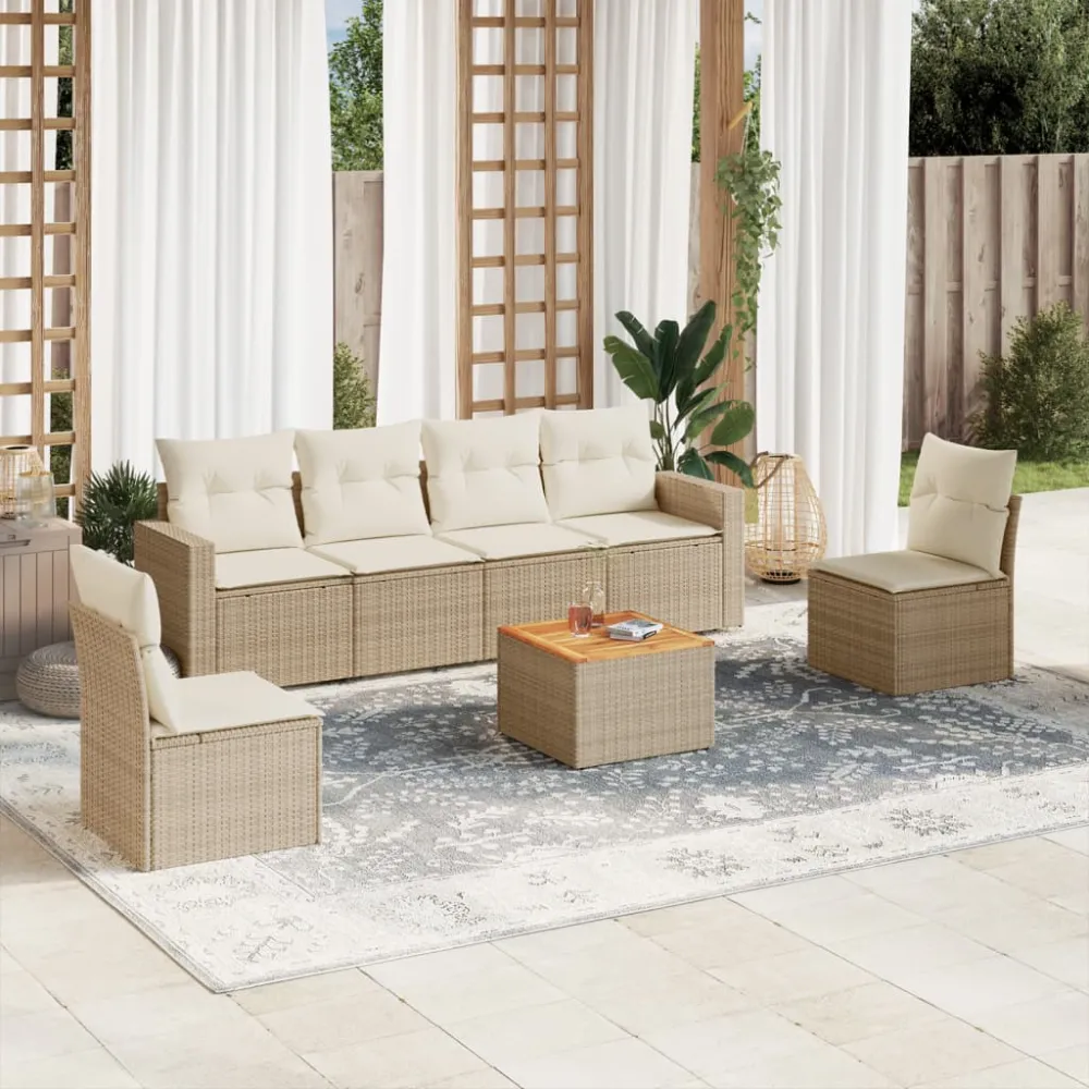 7-delige Loungeset met kussens poly rattan beige vidaXL