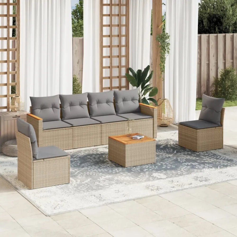 7-delige Loungeset met kussens poly rattan gemengd beige vidaXL