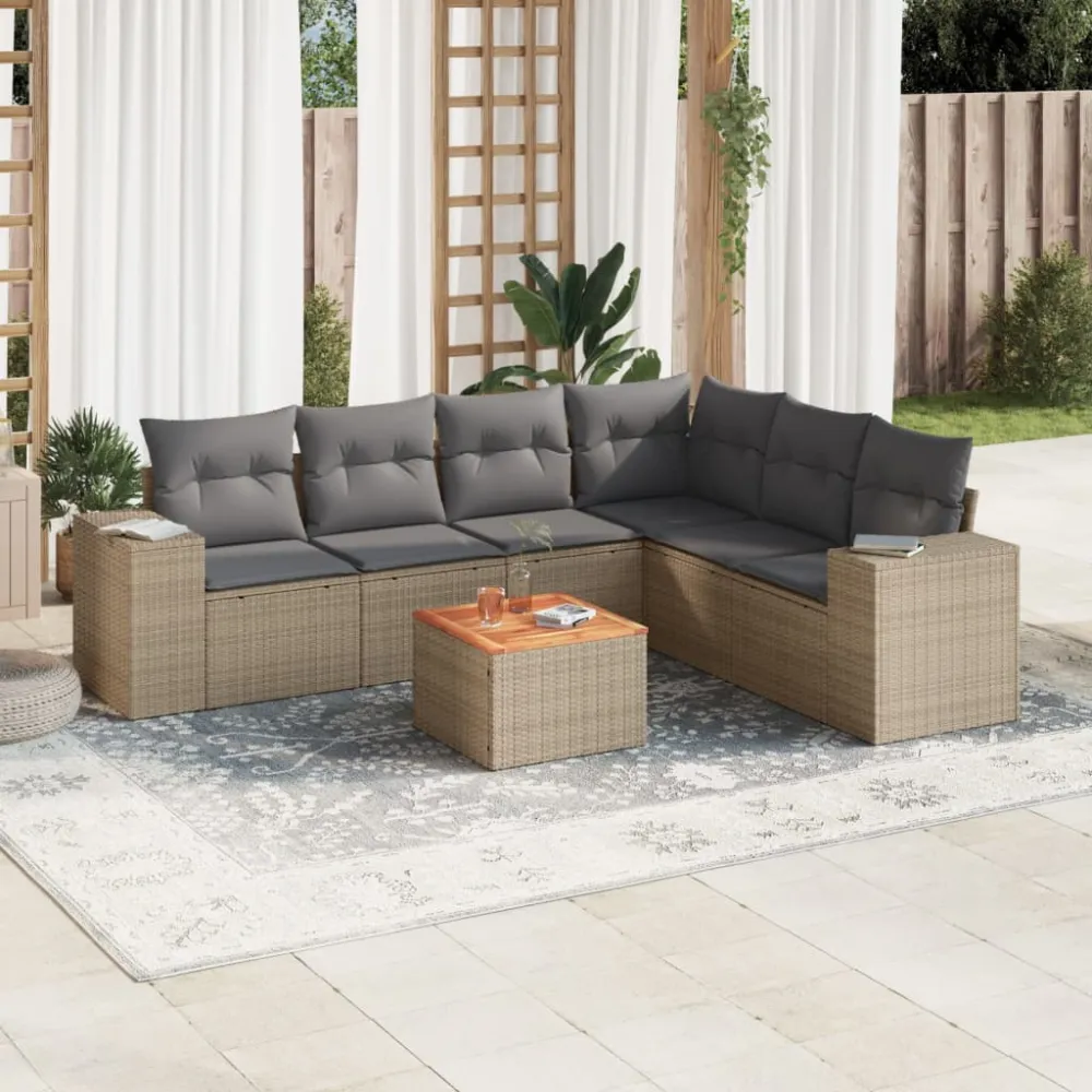 7-delige Loungeset met kussens poly rattan beige vidaXL