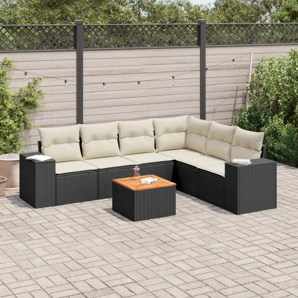 7-delige Loungeset met kussens poly rattan zwart vidaXL