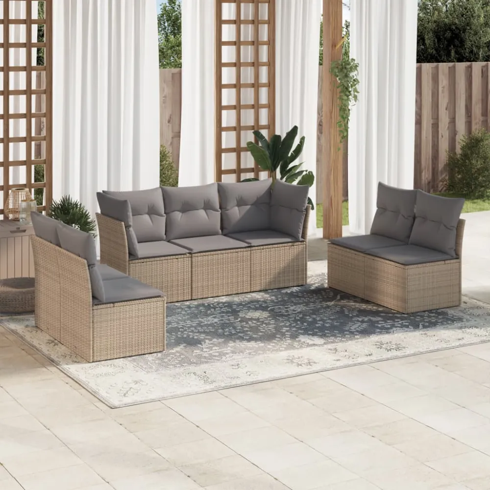 7-delige Loungeset met kussens poly rattan beige vidaXL
