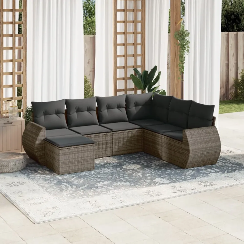 7-delige Loungeset met kussens poly rattan grijs vidaXL