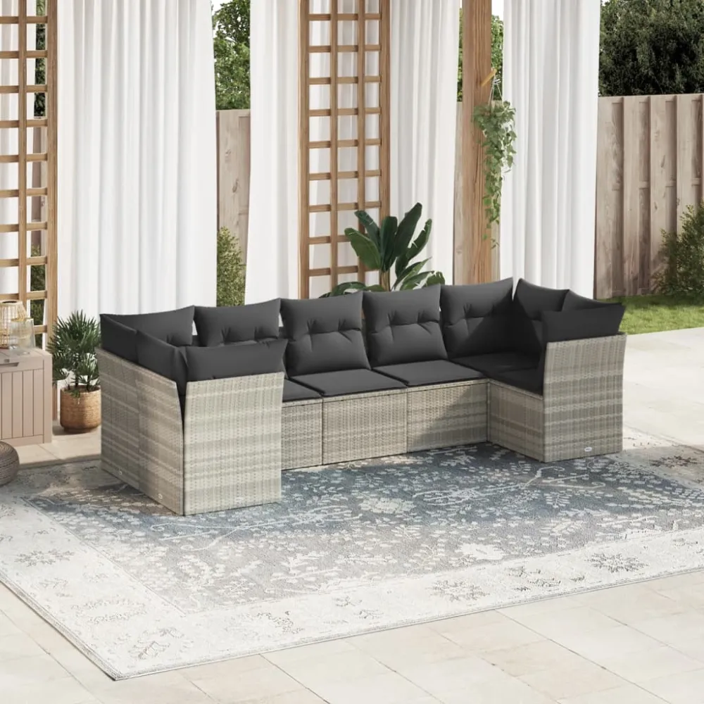 7-delige Loungeset met kussens poly rattan lichtgrijs vidaXL