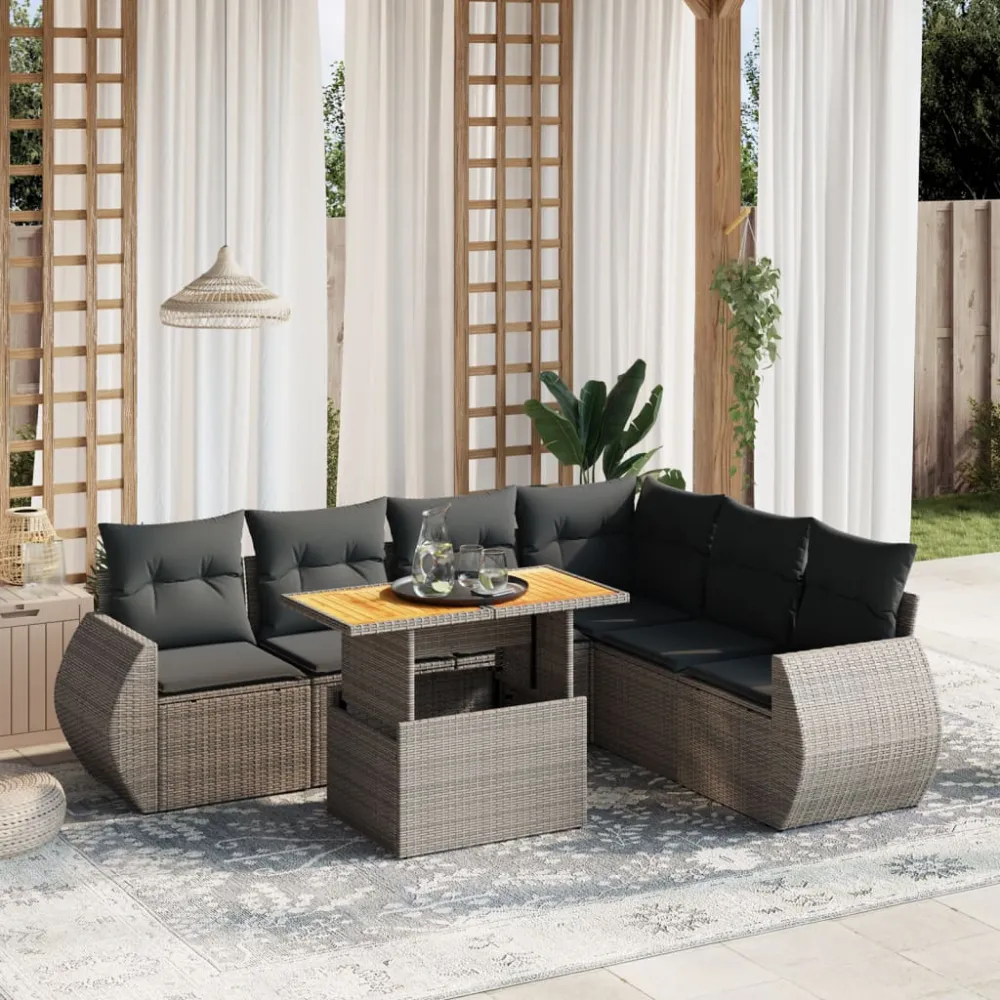 7-delige Loungeset met kussens poly rattan grijs vidaXL