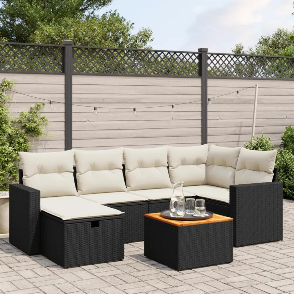7-delige Loungeset met kussens poly rattan zwart vidaXL