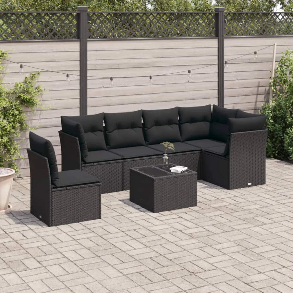 7-delige Loungeset met kussens poly rattan zwart vidaXL