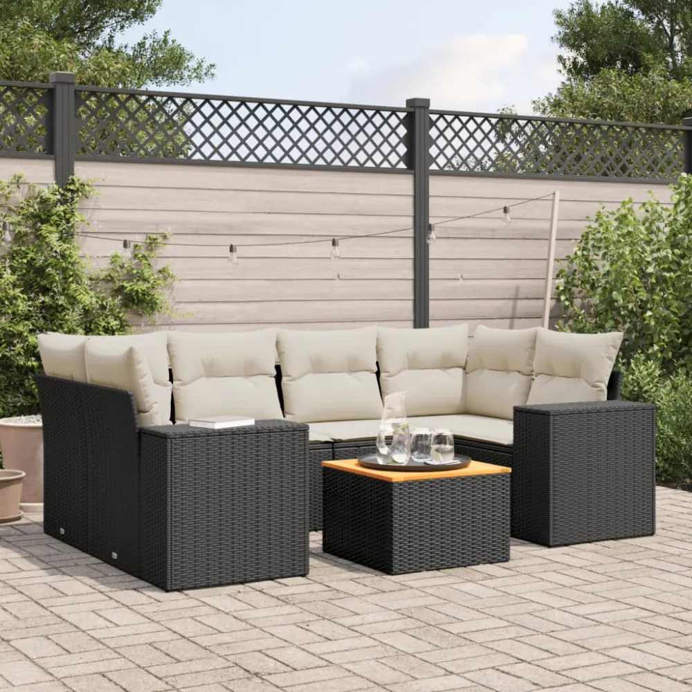 7-delige Loungeset met kussens poly rattan zwart vidaXL