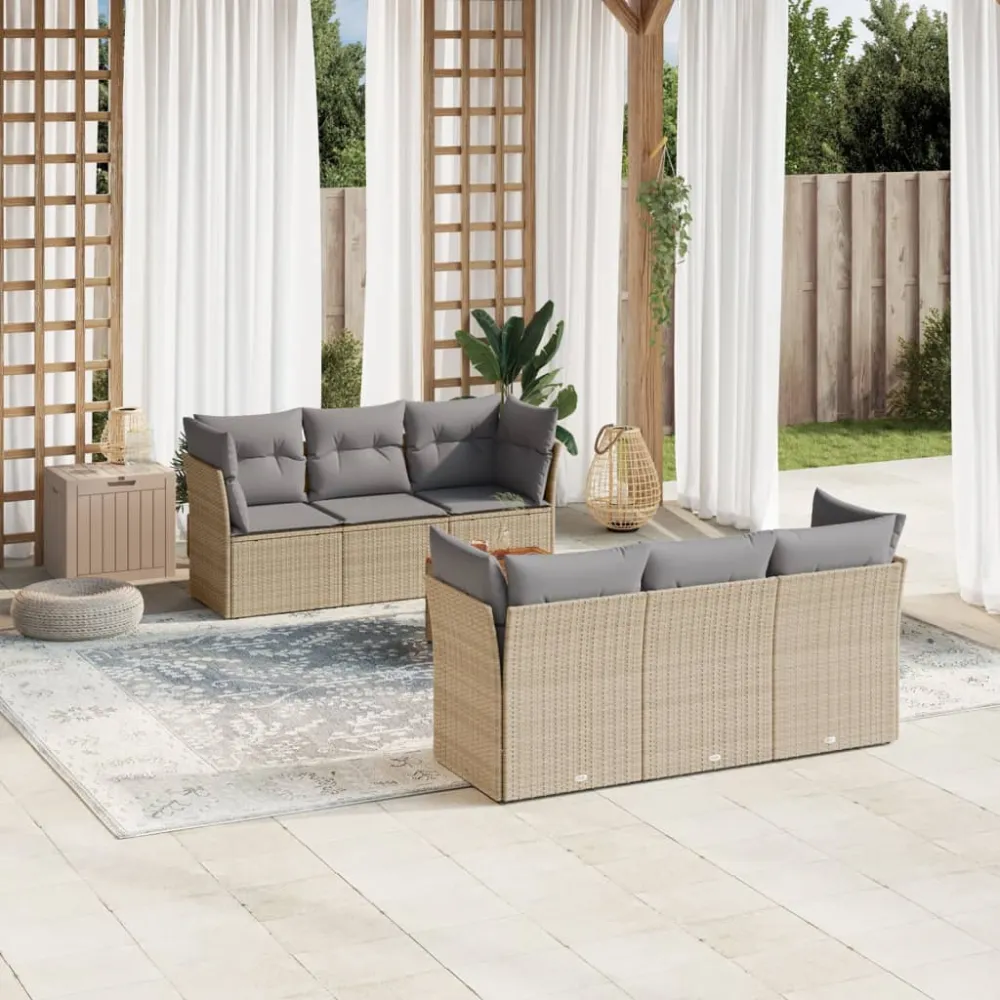 7-delige Loungeset met kussens poly rattan beige vidaXL