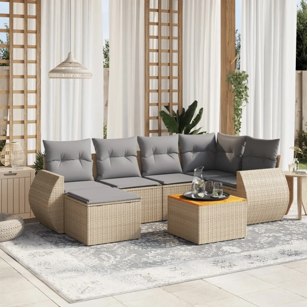 7-delige Loungeset met kussens poly rattan beige vidaXL