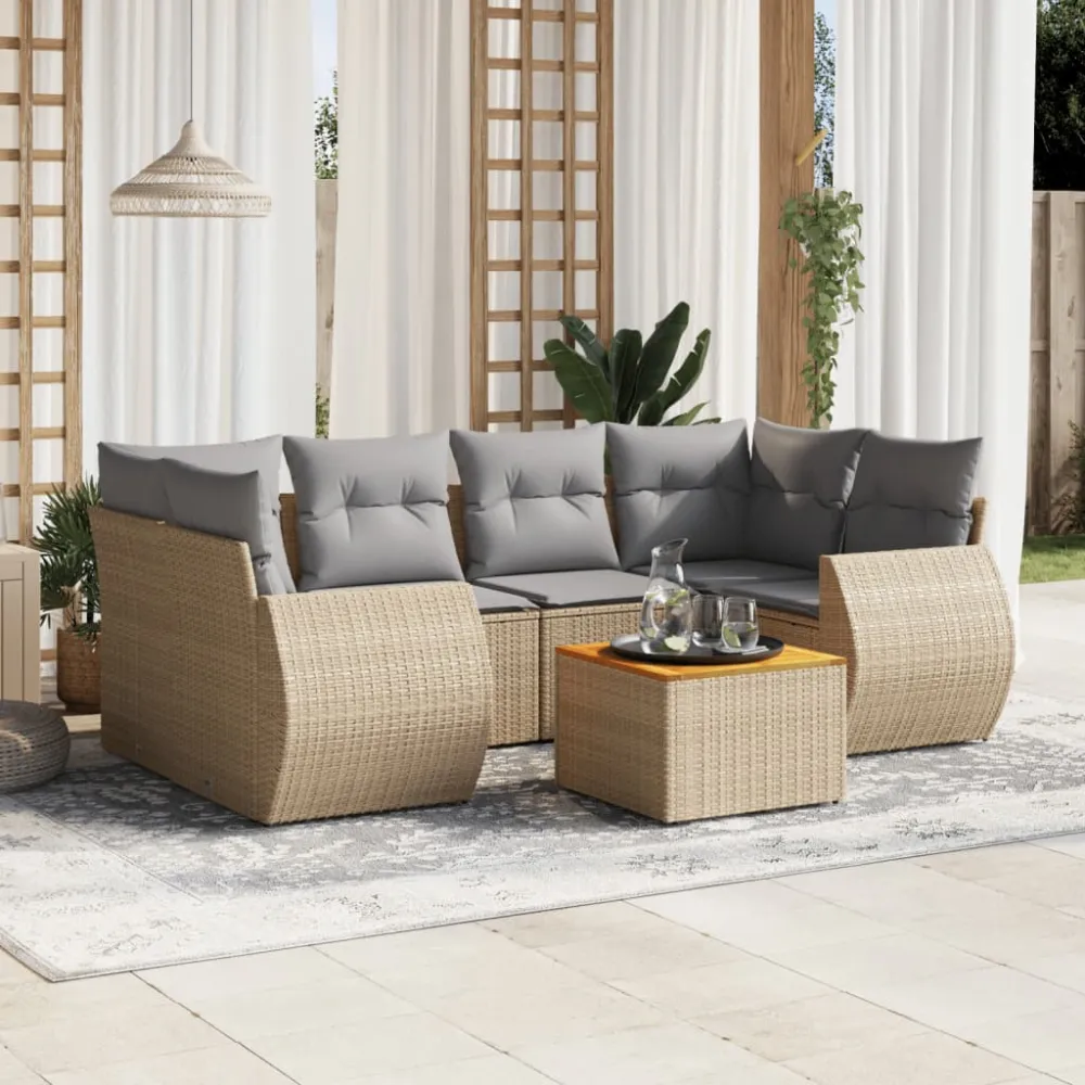 7-delige Loungeset met kussens poly rattan beige vidaXL