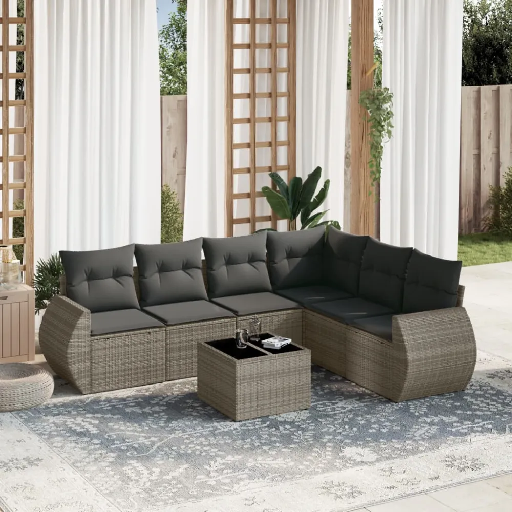 7-delige Loungeset met kussens poly rattan grijs vidaXL