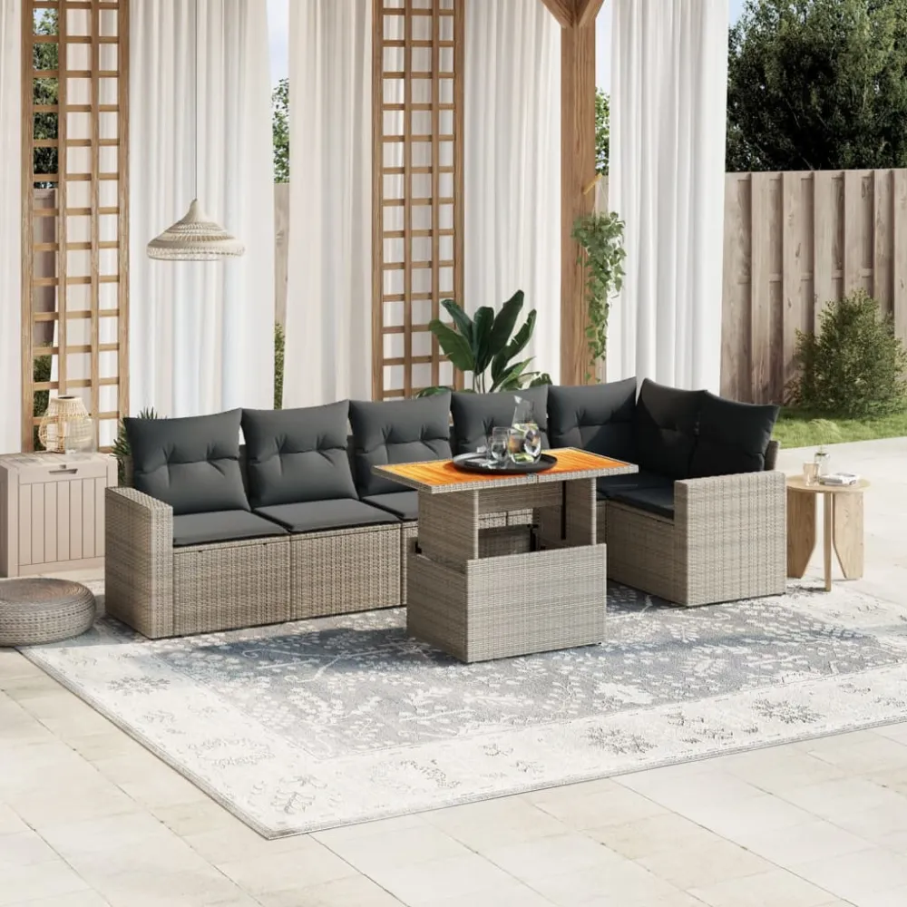 7-delige Loungeset met kussens poly rattan grijs vidaXL