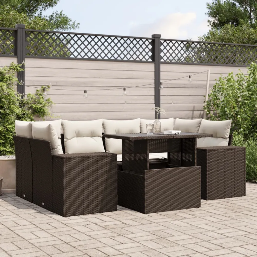 7-delige Loungeset met kussens poly rattan bruin vidaXL