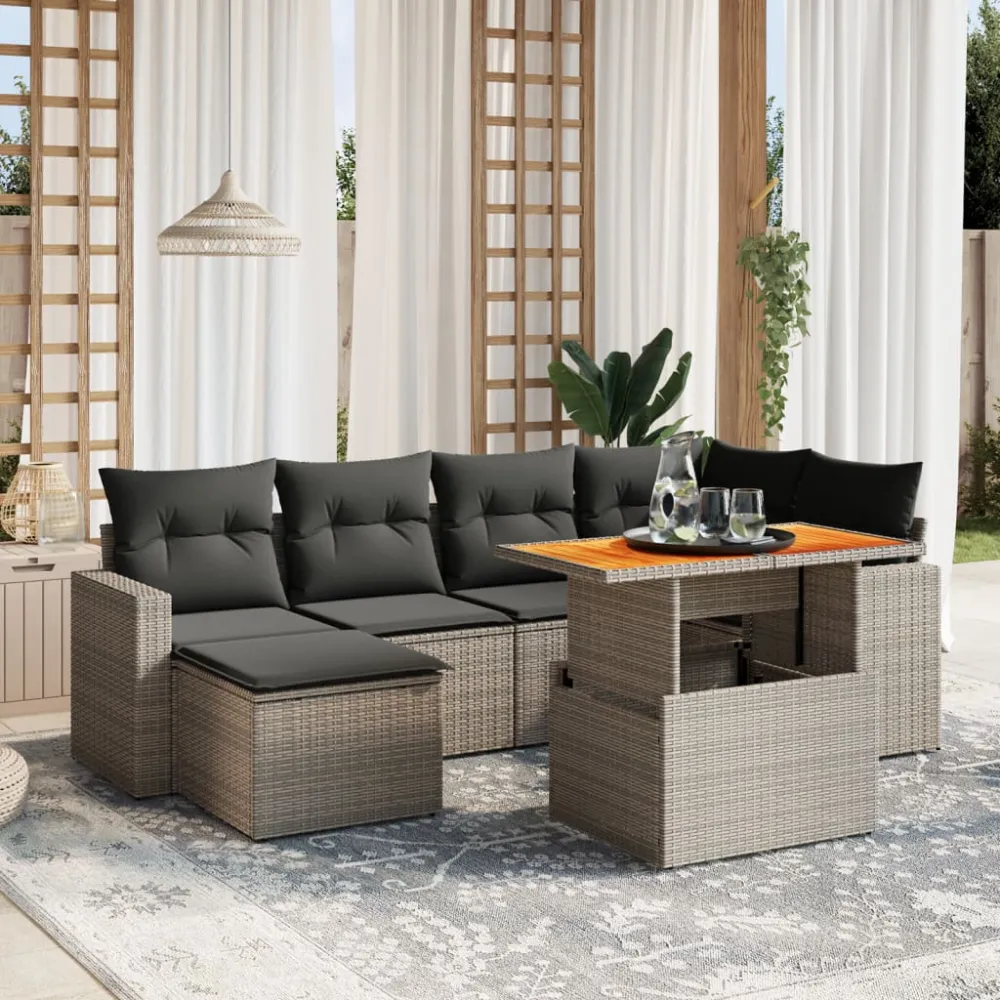 7-delige Loungeset met kussens poly rattan grijs vidaXL