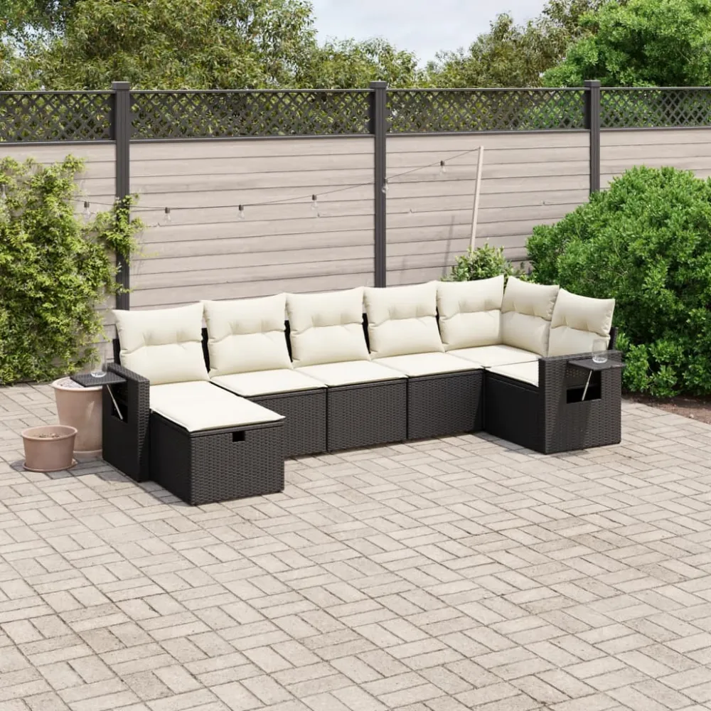 7-delige Loungeset met kussens poly rattan zwart vidaXL