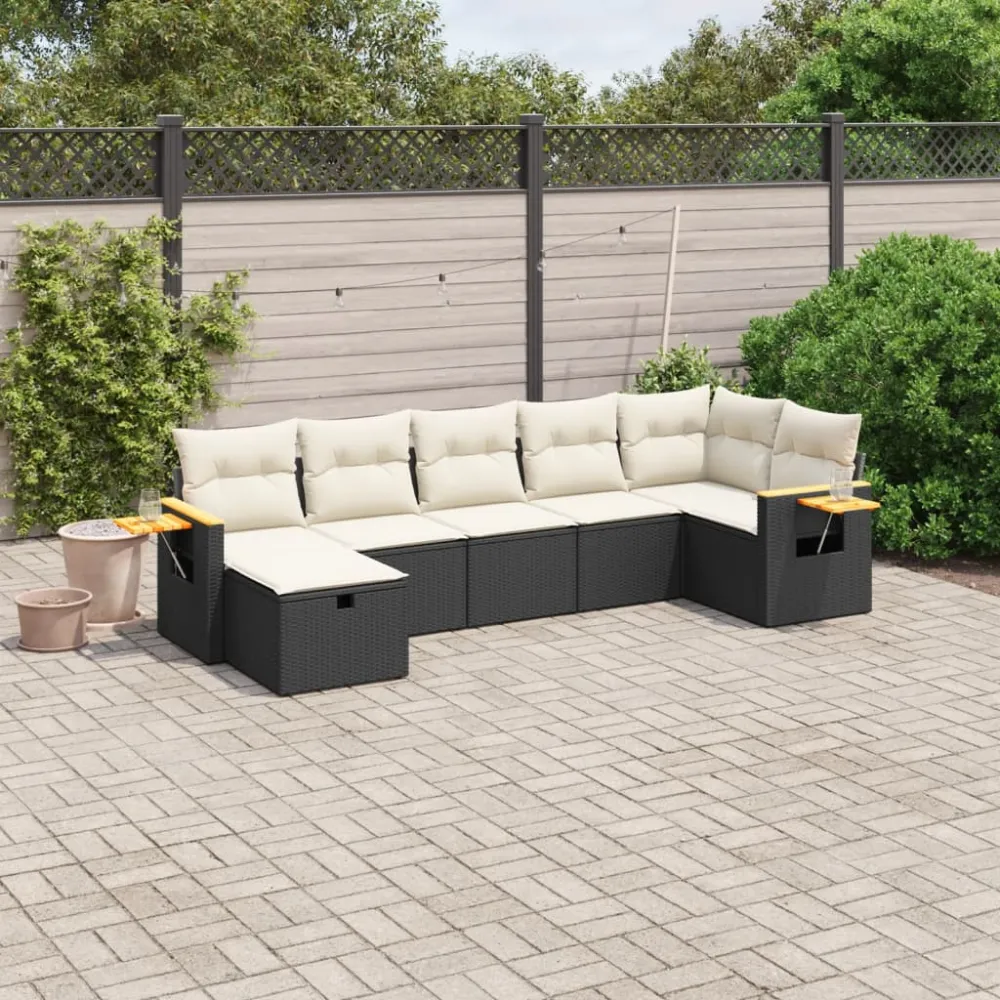 7-delige Loungeset met kussens poly rattan zwart vidaXL