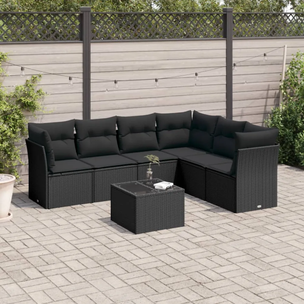 7-delige Loungeset met kussens poly rattan zwart vidaXL