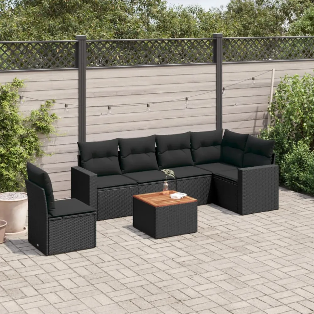 7-delige Loungeset met kussens poly rattan zwart vidaXL