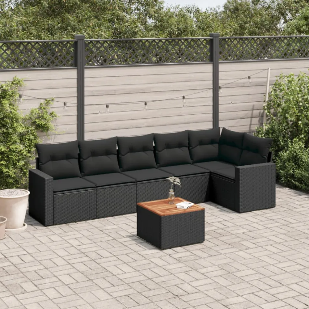 7-delige Loungeset met kussens poly rattan zwart vidaXL