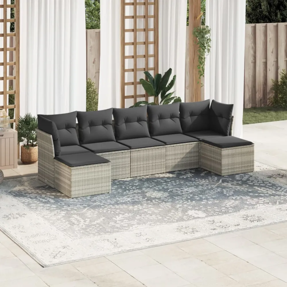 7-delige Loungeset met kussens poly rattan lichtgrijs vidaXL