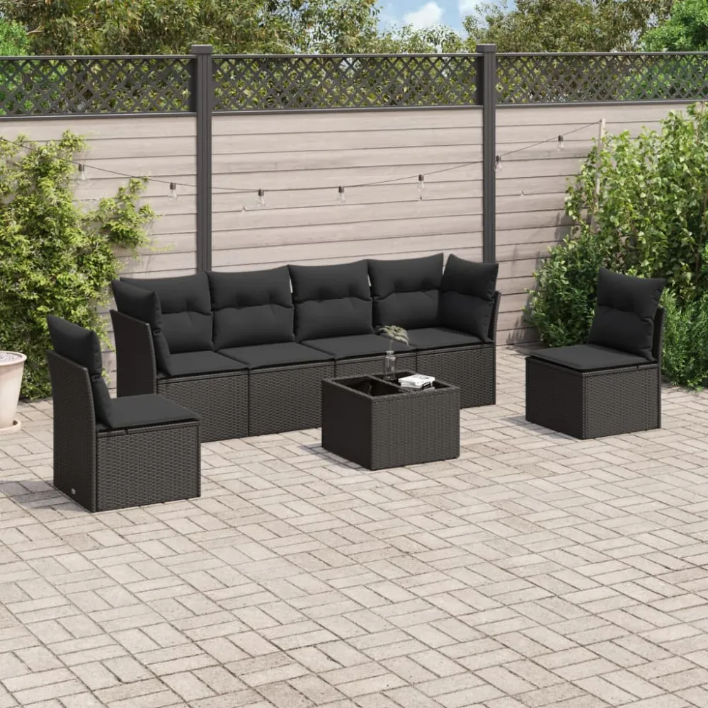 7-delige Loungeset met kussens poly rattan zwart vidaXL