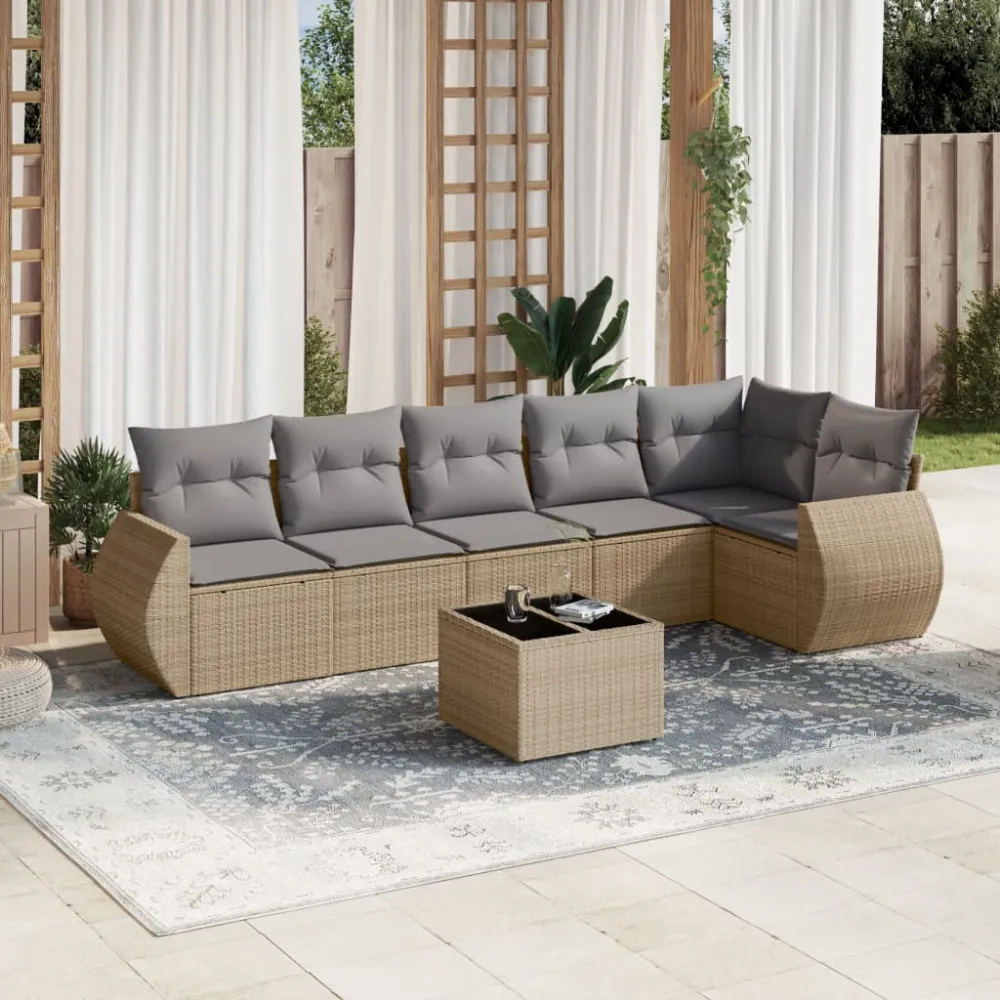 7-delige Loungeset met kussens poly rattan beige vidaXL