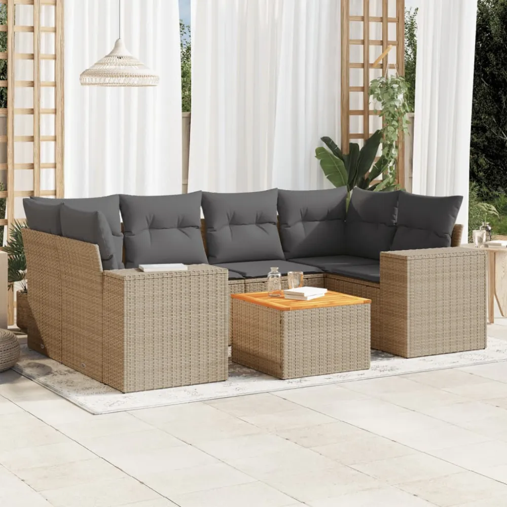 7-delige Loungeset met kussens poly rattan beige vidaXL