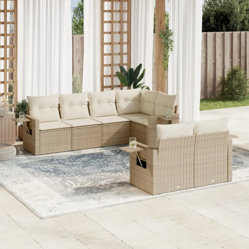 7-delige Loungeset met kussens poly rattan beige vidaXL
