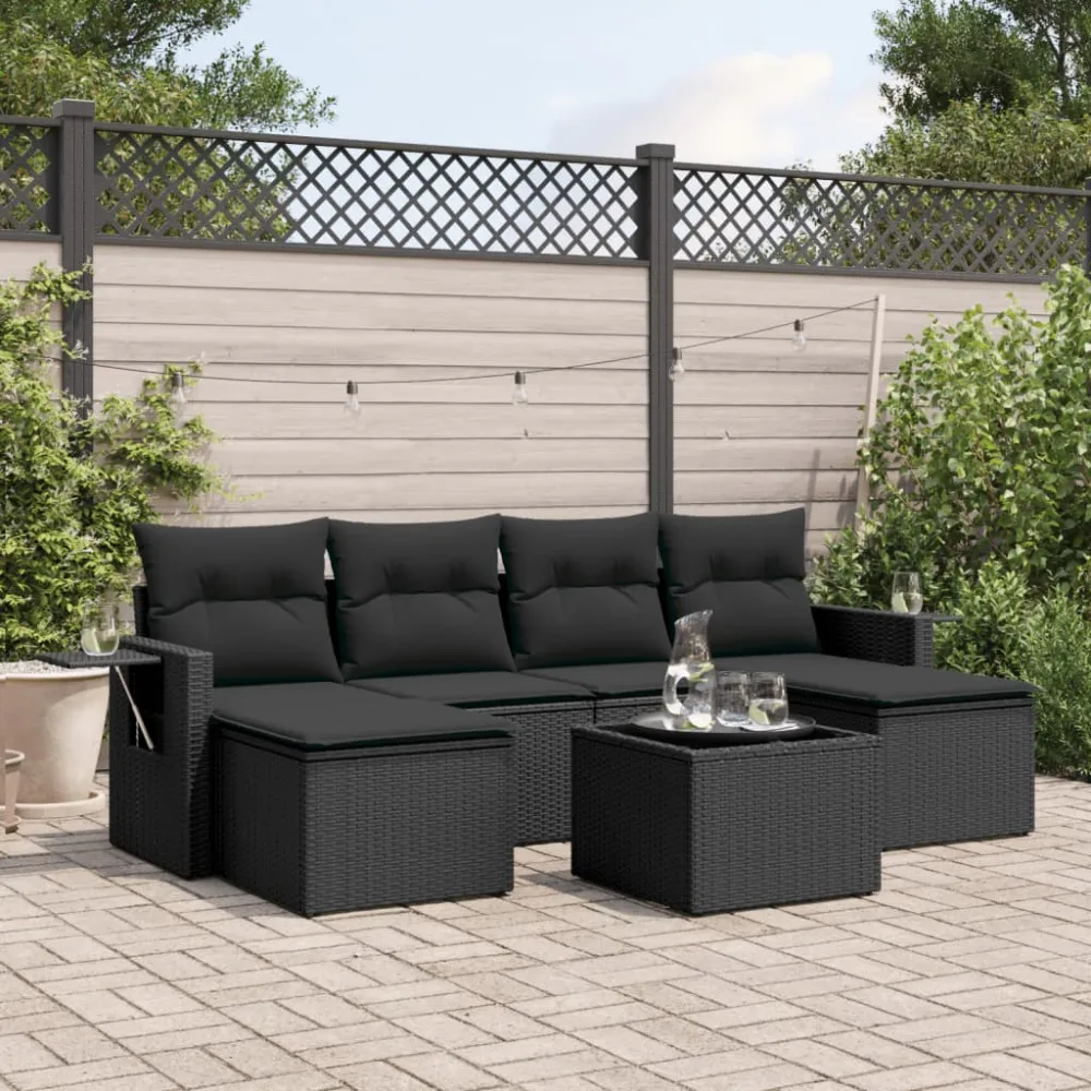 7-delige Loungeset met kussens poly rattan zwart vidaXL